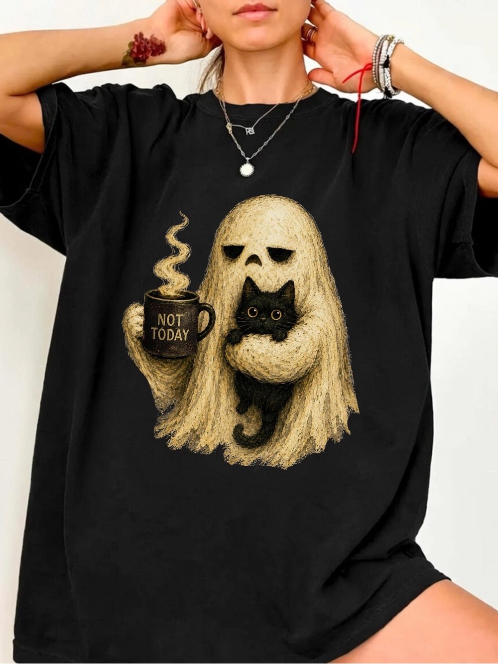 Ghost Hug Cat Graphic Tee - Black